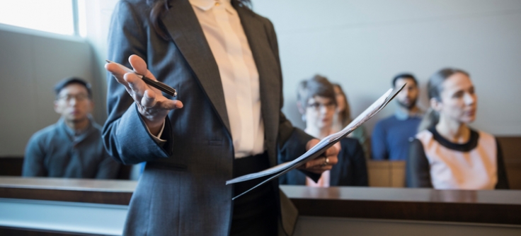 Female attorney talking and gesturing in legal trial courtroom - Carter